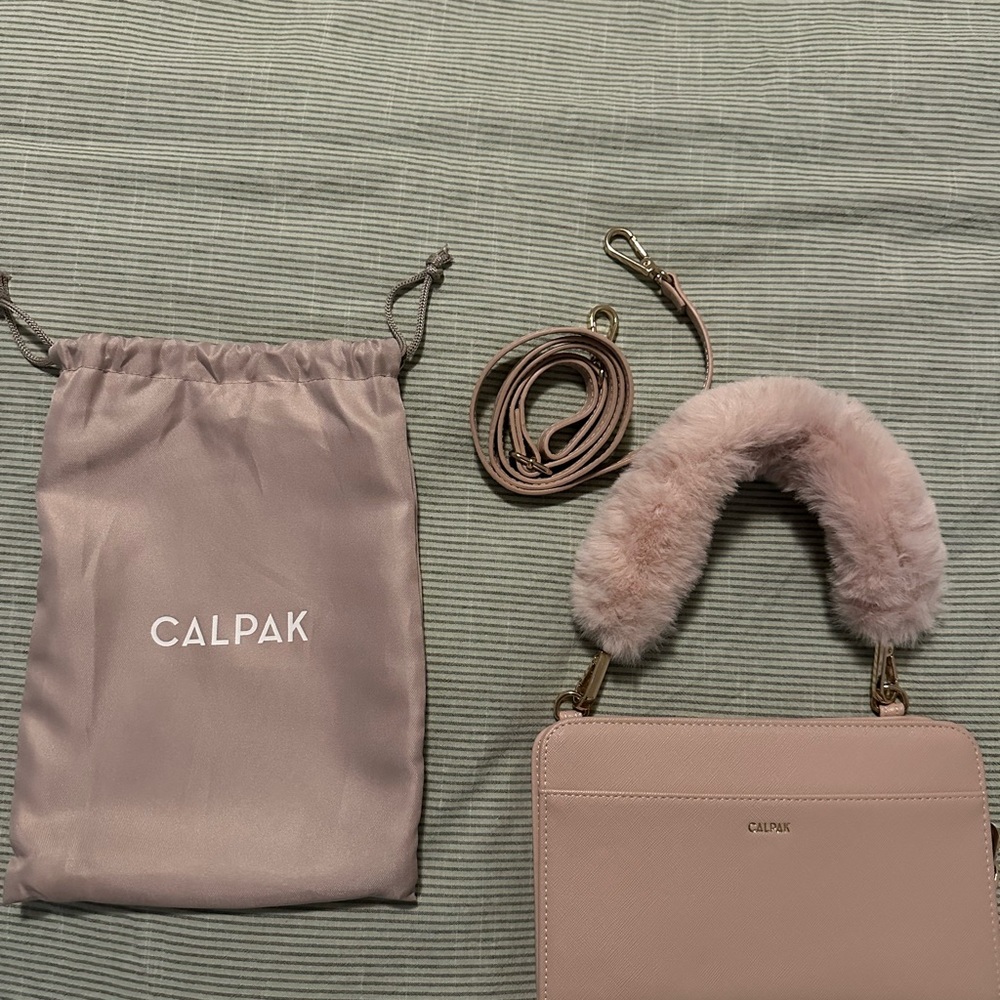 CALPAK Pink Women’s Wallet with Faux Fur Handle
